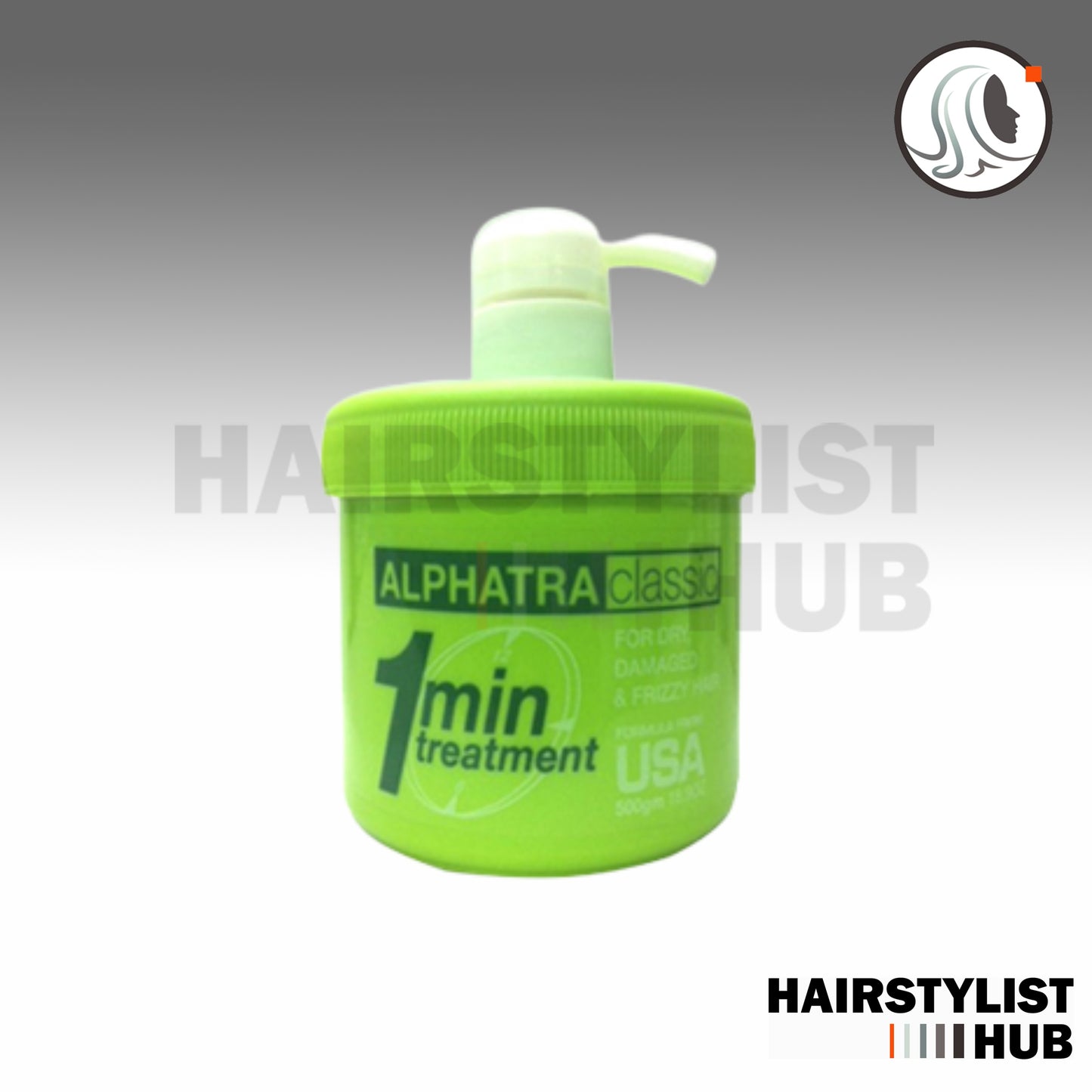 Green container of ALPHATRA Classic 1 Minute Treatment for dry, damaged, and frizzy hair, with a pump dispenser