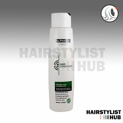 White bottle of ALPHATRA Classic Hair Conditioner, labeled for soft, silky, and shining hair, with a capacity of 500ml, recommended for professional stylist and authorized salons use.