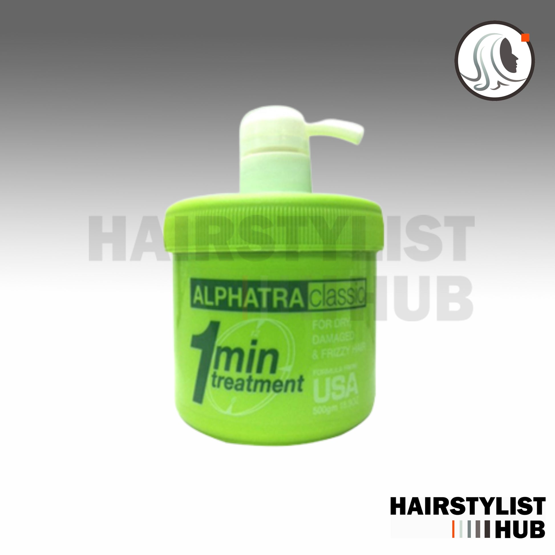 Green container of ALPHATRA Classic 1 Minute Treatment for dry, damaged, and frizzy hair, with a pump dispenser