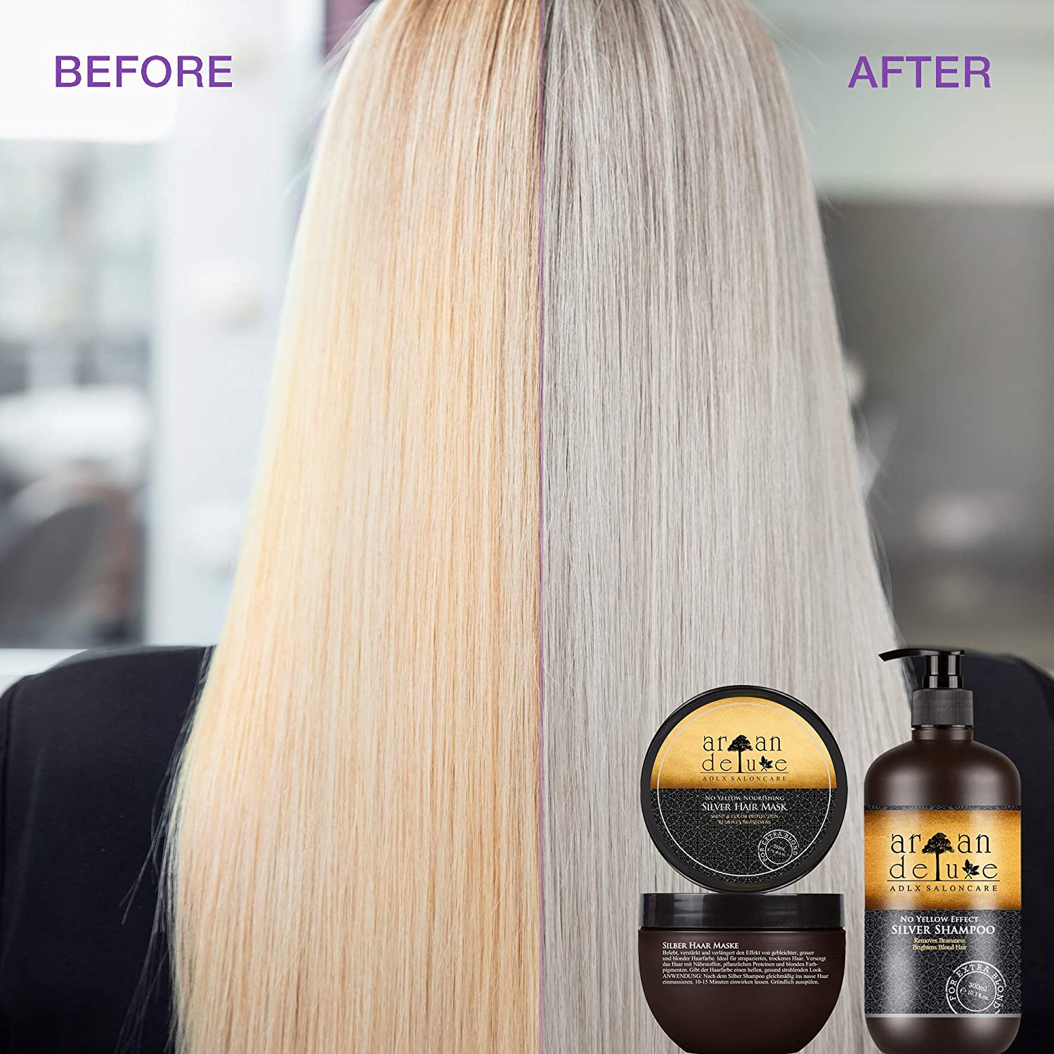 Argan Deluxe Professional Silver Shampoo before and after using shampoo, healthy hair